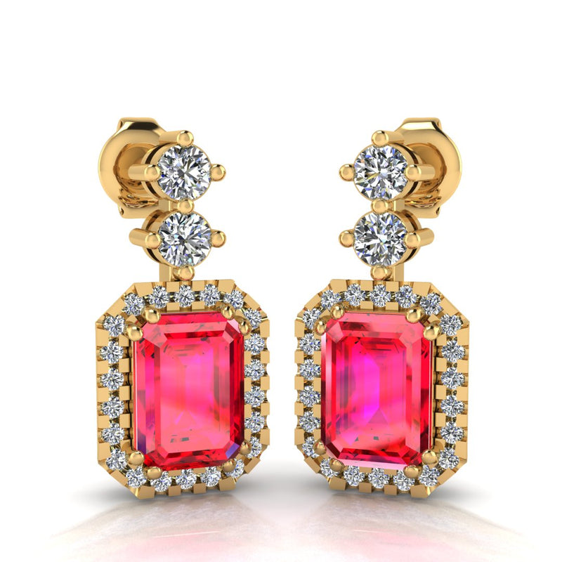 Emerald Cut 1 Carat Ruby Lab Grown Diamond Halo Drop Earrings E1ECR - HEERA DIAMONDS