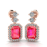 Emerald Cut 1 Carat Ruby Lab Grown Diamond Halo Drop Earrings E1ECR - HEERA DIAMONDS