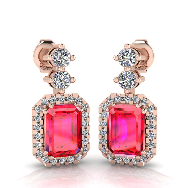 Emerald Cut 1 Carat Ruby Natural Diamond Halo Drop Earrings E1ECR - HEERA DIAMONDS