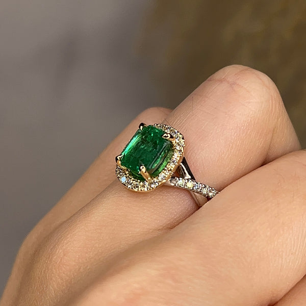 "Aarti" Emerald Halo Pave Ring - HEERA DIAMONDS