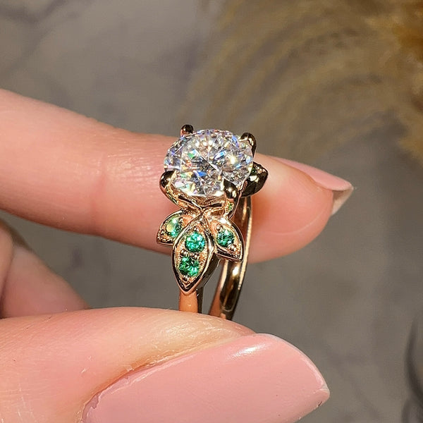 "Orla" Floral Round Brilliant Cut Diamond Green Leaf Marquise Emerald Engagement Ring - HEERA DIAMONDS