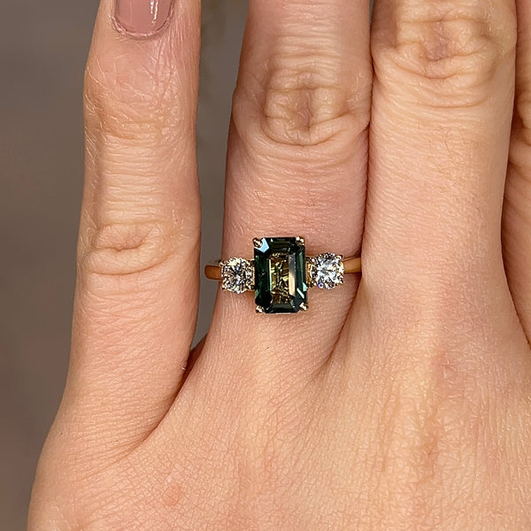 "Sage" 1.650ct Emerald Cut Green Sapphire with Round Cut Diamond Engagement Ring - HEERA DIAMONDS