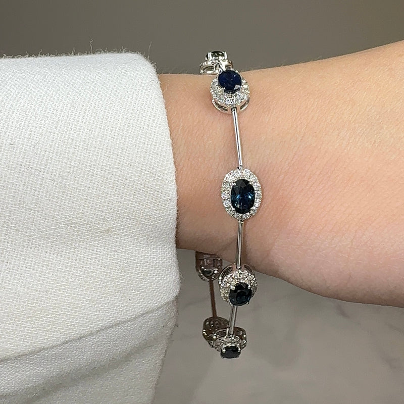 Oval Shape Sapphire Featuring Diamond Halo 18K White Gold Station Set Bracelet - HEERA DIAMONDS