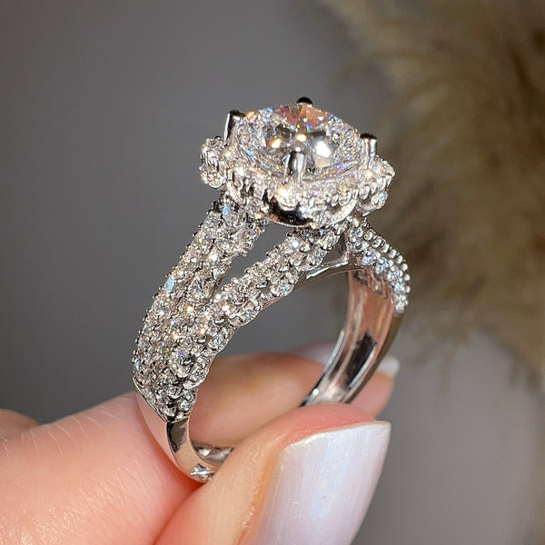 "Samara" Halo 1.25 Carat Cushion Cut Three Row Diamond Shoulder Platinum Engagement Ring - HEERA DIAMONDS