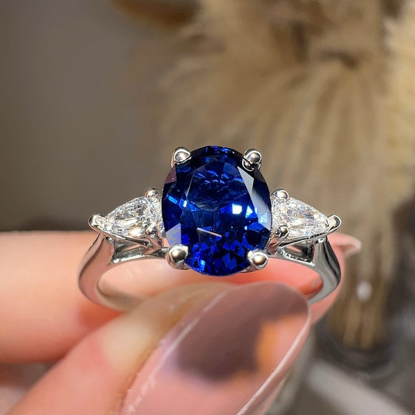 "Gwen" Trilogy 2 Carat Oval Cut Blue Sapphire Pear Shoulders Platinum Engagement Ring - HEERA DIAMONDS