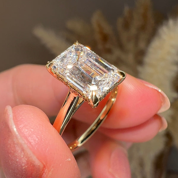 "Dream" 4 Carat Hidden Under Halo Emerald Cut Yellow Gold Engagement Ring - HEERA DIAMONDS