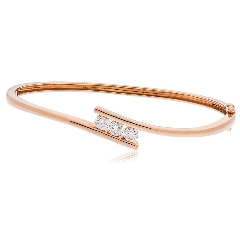 DIAMOND THREE STONE CROSS OVER BANGLE IN 18K ROSE GOLD - HEERA DIAMONDS