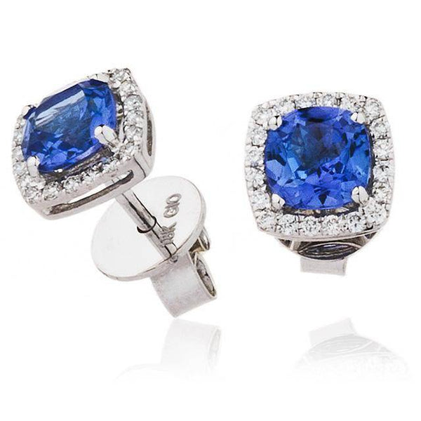 Cushion Cut Tanzanite with Diamond Halo Studs - HEERA DIAMONDS