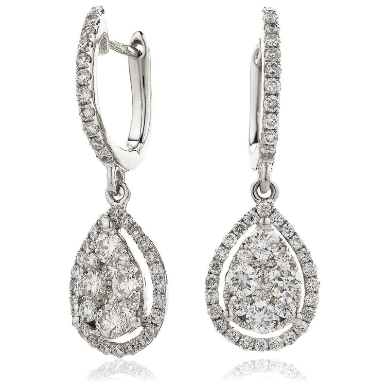 DIAMOND CLUSTER AND HALO DROP EARRINGS IN 18K WHITE GOLD - HEERA DIAMONDS