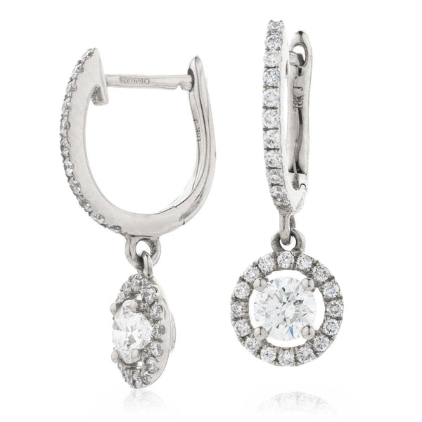 DIAMOND HALO DROP HOOP EARRINGS IN 18K WHITE GOLD - HEERA DIAMONDS