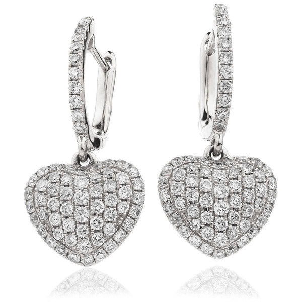 DIAMOND HEART SHAPE AND PAVE SETTING DROP EARRINGS IN 18K WHITE GOLD - HEERA DIAMONDS