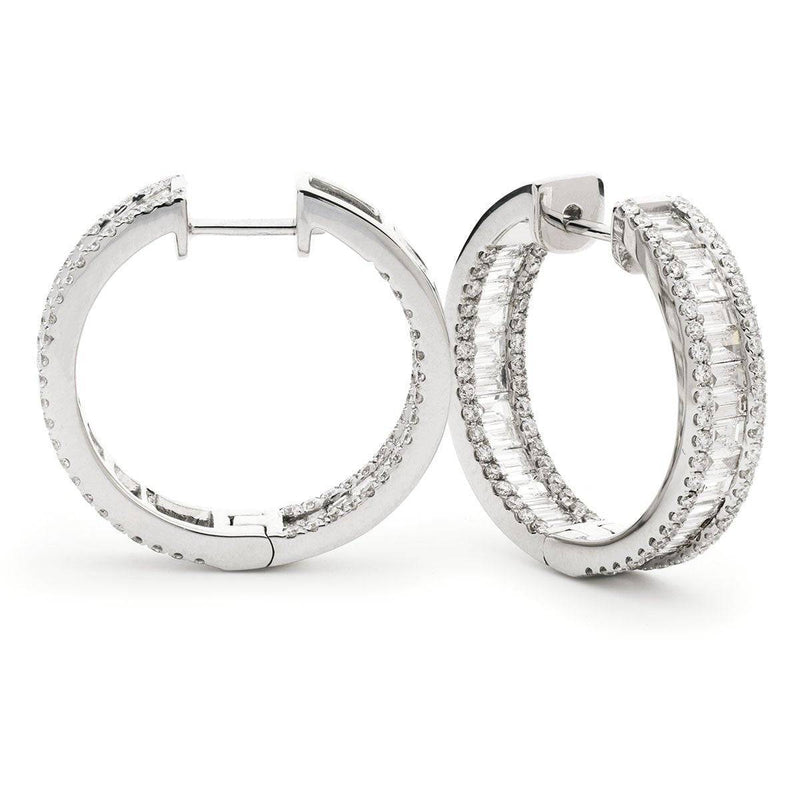 ROUND AND BAGUETTE CUT DIAMOND HOOP EARRINGS IN 18K WHITE GOLD - HEERA DIAMONDS