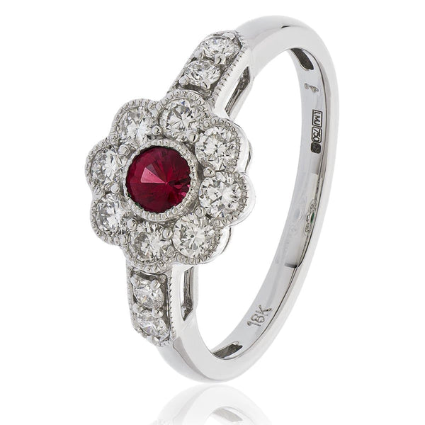 18ct White Gold Ruby Cluster Ring with Side Diamonds - HEERA DIAMONDS