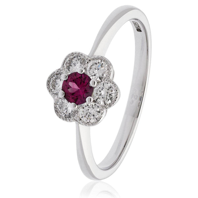 18ct White Gold Ruby Deco Cluster Ring - HEERA DIAMONDS