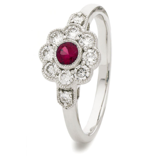 18ct White Gold Ruby Deco Cluster Ring - HEERA DIAMONDS