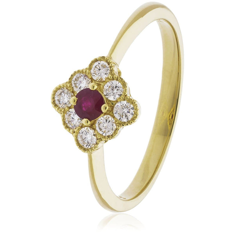 18ct Yellow Gold Ruby and Diamond Deco Cluster Ring - HEERA DIAMONDS